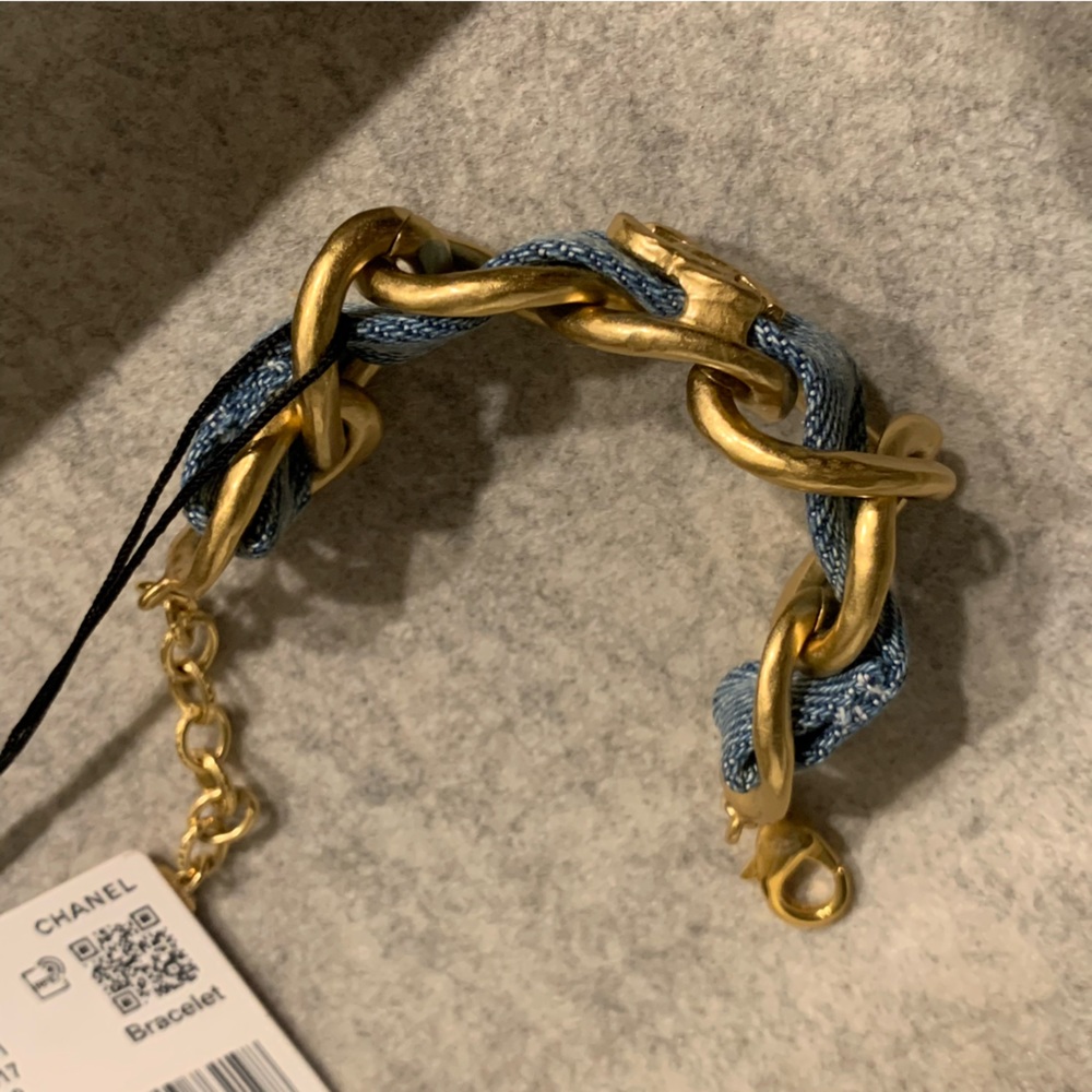 Authentic Chanel 20P denim and gold chain Bracelet. Brand New with box and tag